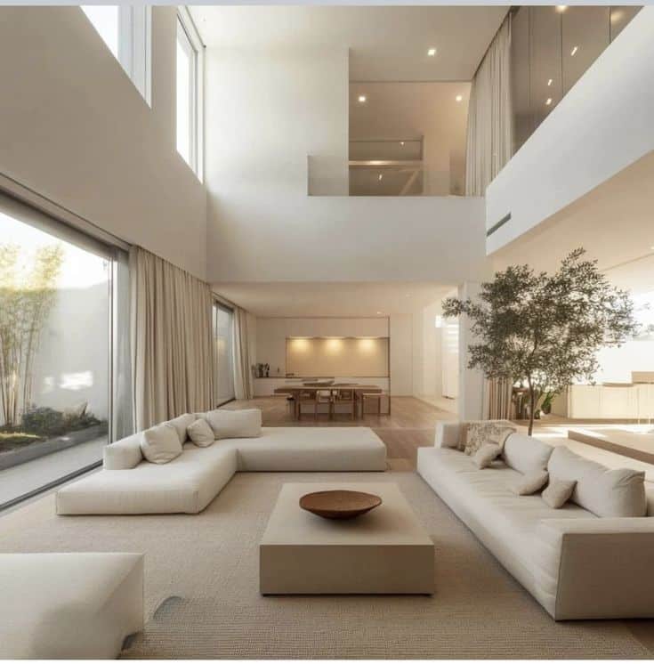 Modern minimalist living room with large windows, neutral sofas, and a sleek wooden table, exuding elegance and spaciousness.
