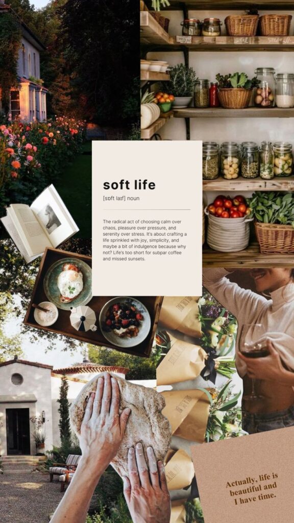 Collage of soft life concept with cozy home, garden, food, and relaxation elements promoting calm and simplicity.