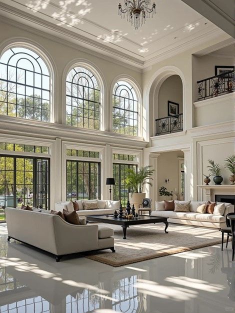 Spacious modern living room with high windows, elegant decor, neutral tones, and abundant natural light. Ideal for relaxation.