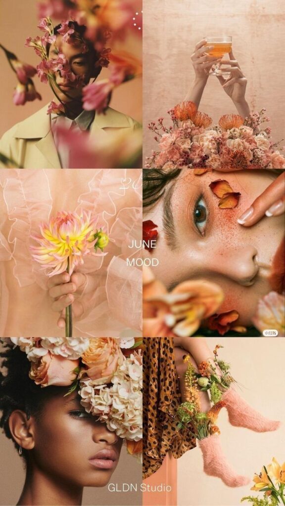 Collage of floral-themed portraits and details showcasing June mood with vibrant flowers and warm colors. Fashion and nature fusion.