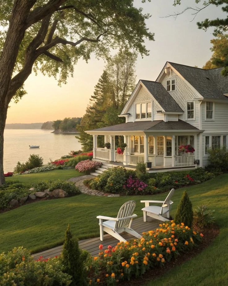 Charming lakeside house with a beautiful garden, porch, and sunset view over the water, perfect for a serene retreat.