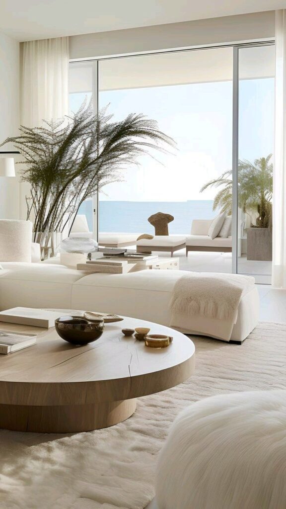 Modern living room with white sofas, wooden coffee table, and ocean view through large windows. Bright, minimalist interior design.