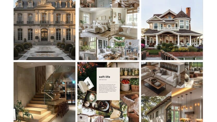 Collage of elegant homes and cozy interiors, showcasing luxurious architecture and stylish decor for a refined lifestyle.
