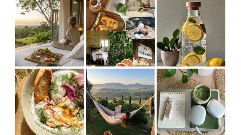 Collage of serene landscapes, fresh foods, and cozy moments, evoking relaxation and nature's beauty.