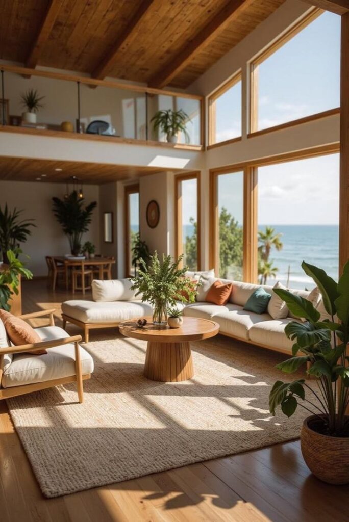 Spacious modern living room with ocean view, natural light, wooden ceiling, cozy seating, and lush plants.