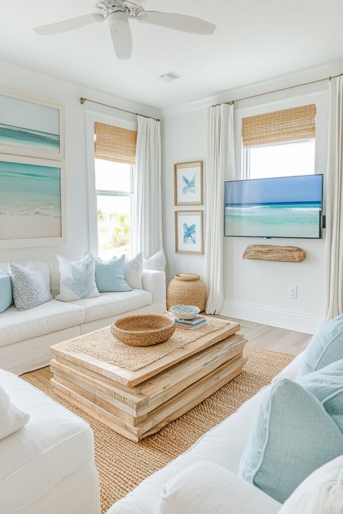 Coastal living room with white sofas, beach art, woven decor, and natural light.