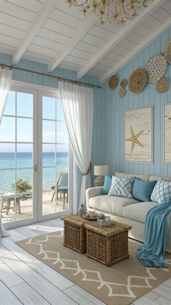 Coastal living room with sea view, featuring light blue walls, wicker baskets, and comfortable sofa. Relaxing oceanic decor.