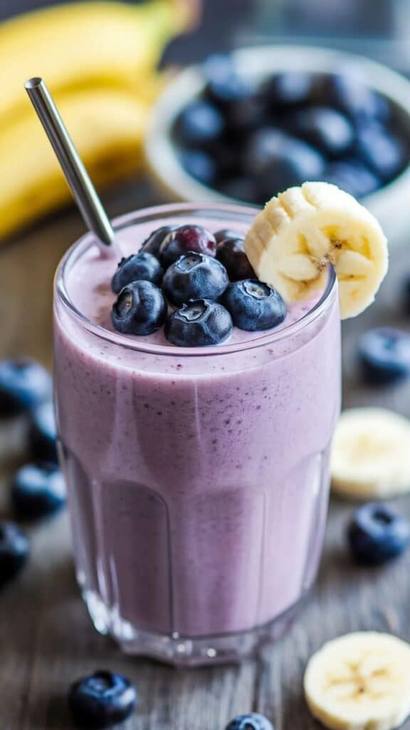 Blueberry banana smoothie in a glass with a stainless steel straw, topped with fresh blueberries and a banana slice. Refreshing drink.