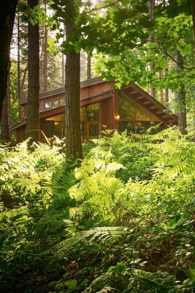 Wooden cabin nestled in a lush forest, surrounded by tall trees and vibrant ferns, bathed in warm sunlight.