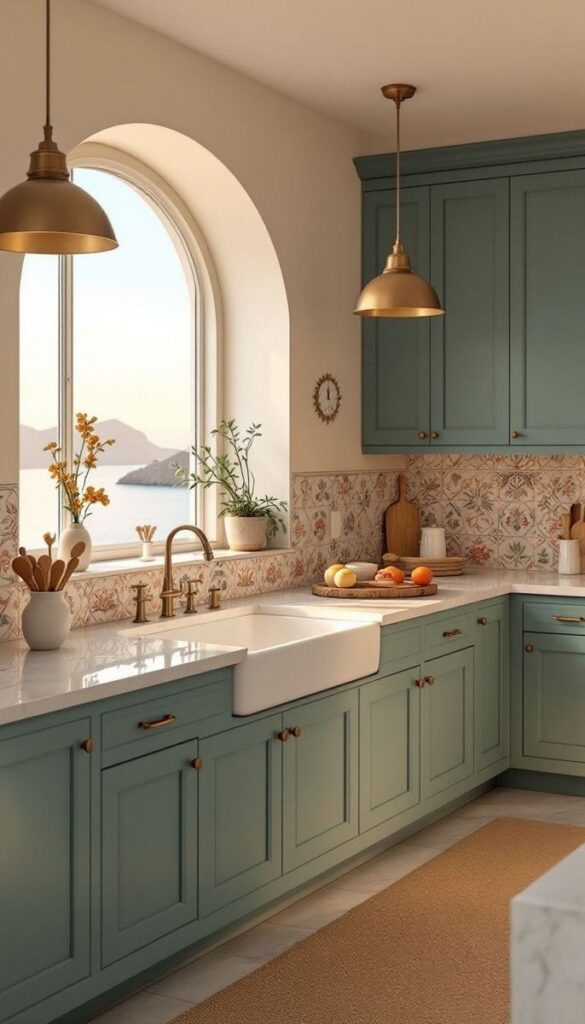 Stylish kitchen with teal cabinets, farmhouse sink, brass fixtures, and a scenic arched window view. Cozy, elegant interior design.