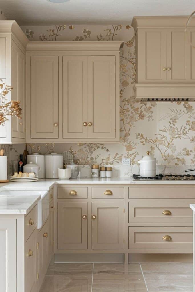 Elegant cream kitchen with floral wallpaper, brass hardware, and marble countertops. Cozy, classic design with warm tones.