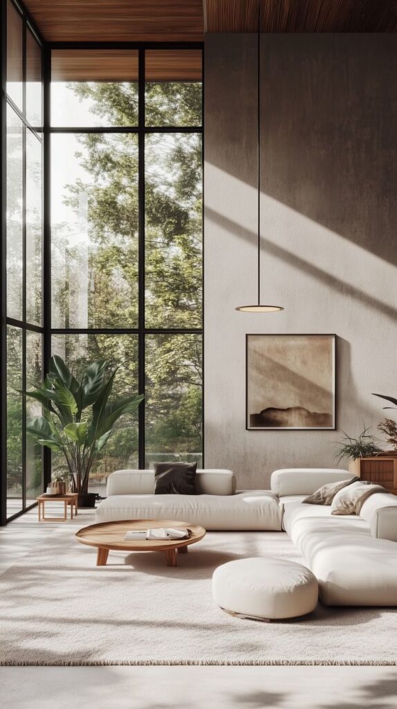 Modern living room with large windows, white sectional sofa, wooden coffee table, and indoor plants. Bright and minimalist design.