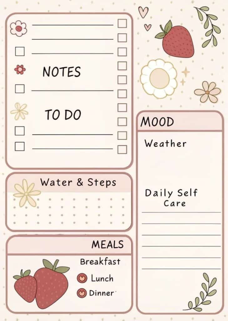 Cute planner page with sections for notes, to-do list, mood tracking, water intake, and meals. Decorated with flowers and strawberries.