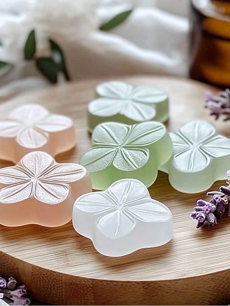 Pastel-colored clover-shaped soaps on a wooden tray with lavender accents, set against a soft background.