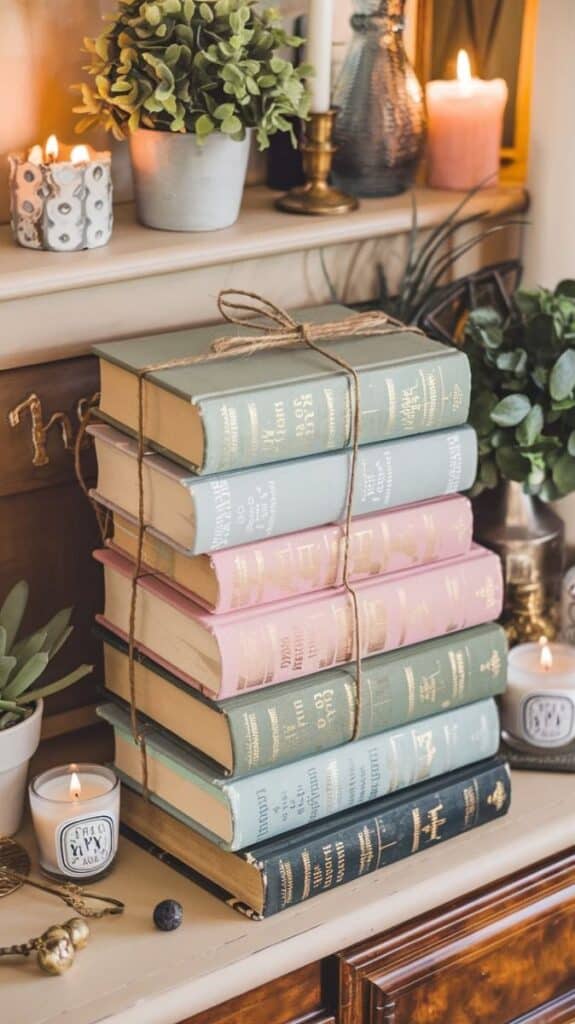 Stack of vintage books tied with twine, surrounded by lit candles and potted plants on a wooden shelf. Cozy and decorative setup.