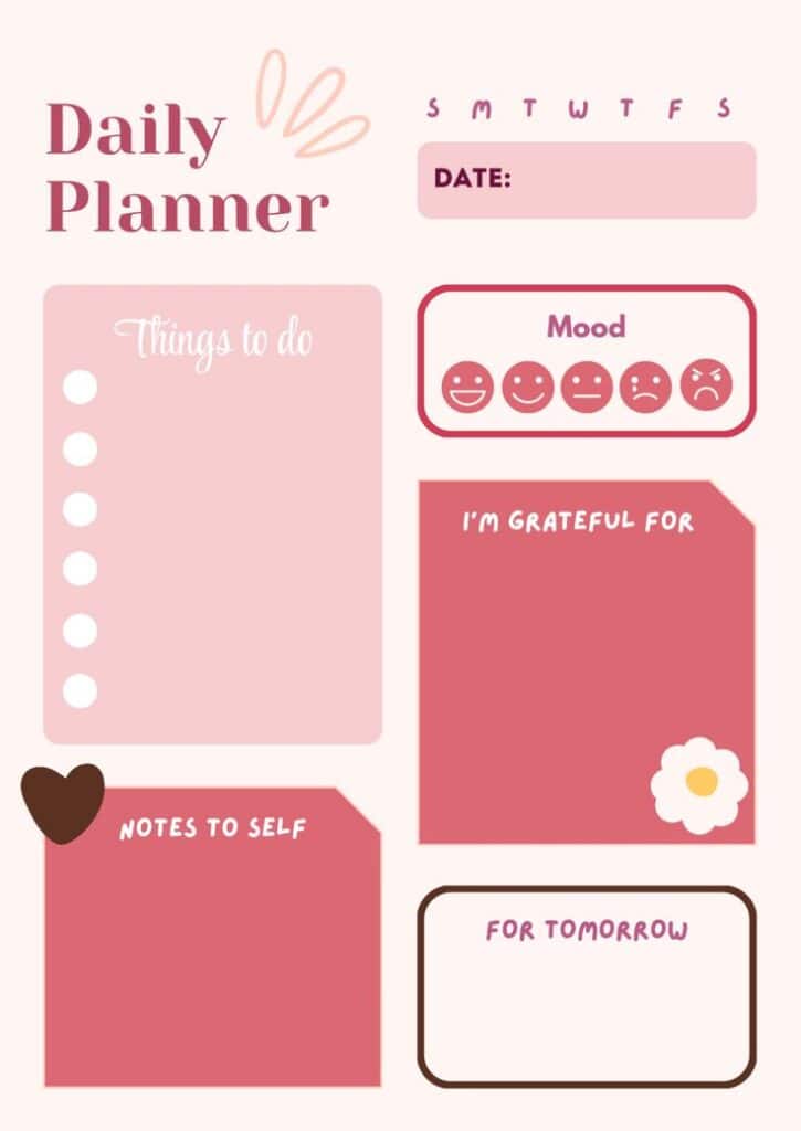 Daily planner template with sections for tasks, mood, gratitude, notes, and tomorrow's goals. Pastel colors and cute design.