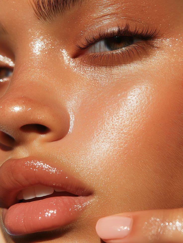 Close-up of a woman's glistening skin with glossy lips, highlighting smooth texture and natural glow. Perfect for skincare content.