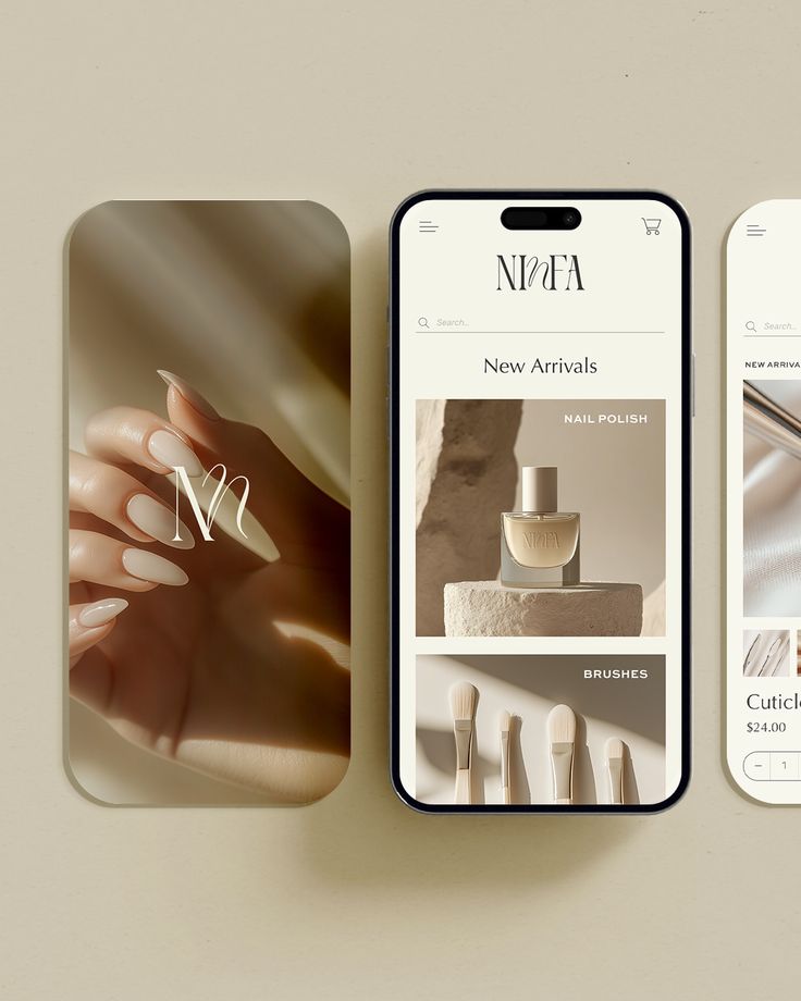 Mobile app showcasing nail care products with elegant design. Features nail polish, brushes, and minimalist interface by Ninfa.