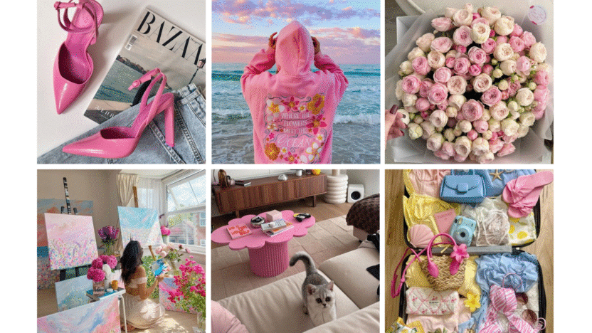 Collage of pink fashion, beach hoodie, roses, painting, living room, and packed suitcase with summer essentials. Vibrant and stylish.