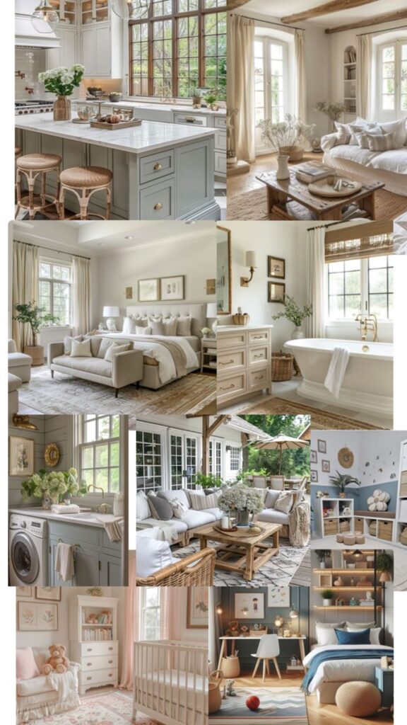 Collage of cozy home interiors featuring modern kitchen, living room, bedroom, bathroom, nursery, and patio designs.