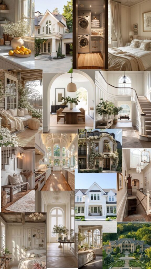 Collage of an elegant home interior and exterior showcasing luxury design, including a grand staircase, cozy lounges, and spacious rooms.