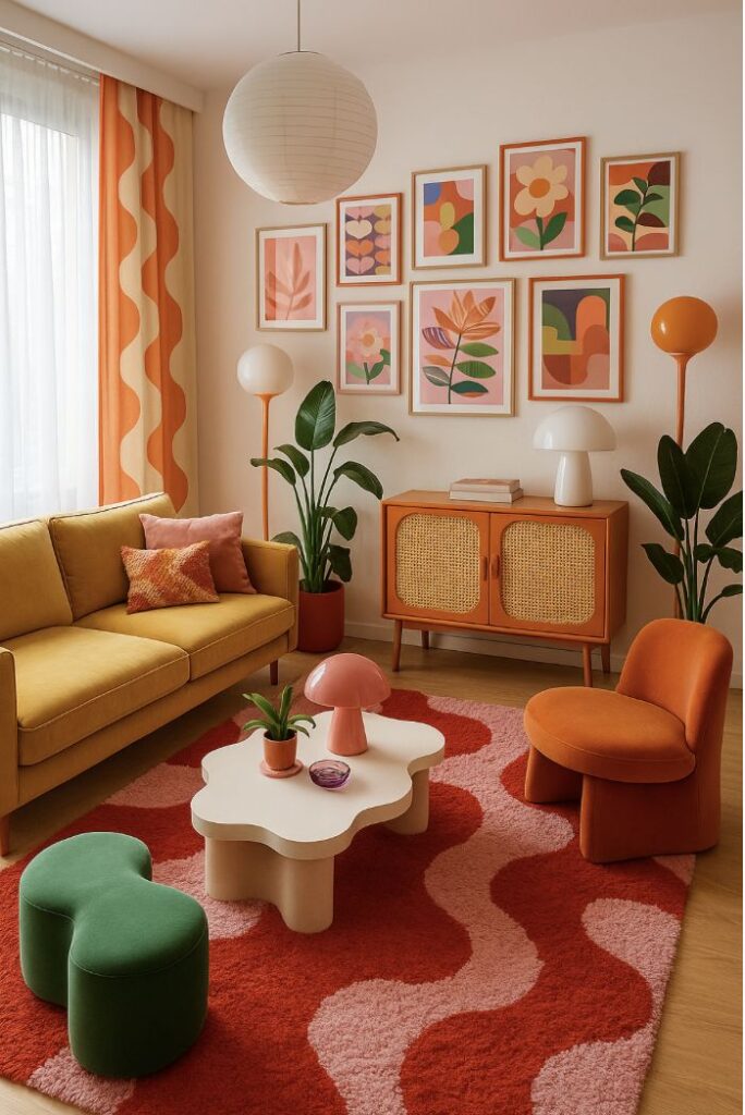 Colorful retro living room with bright furniture, abstract art, and plants. Aesthetic mid-century modern interior design.