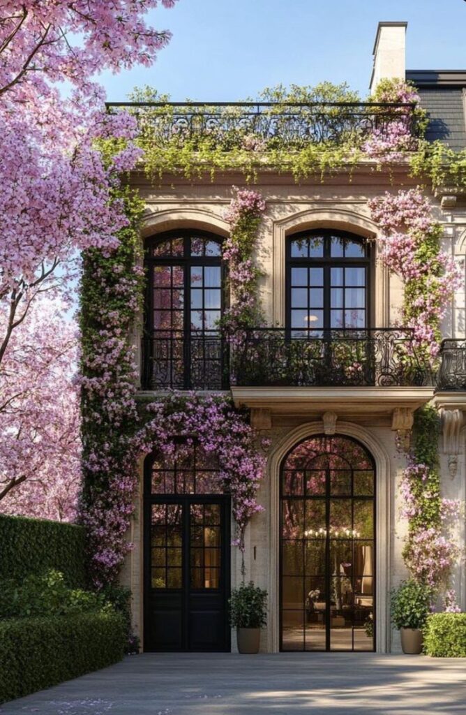 Elegant house facade adorned with blooming pink flowers and ivy climbing around tall windows on a sunny day.