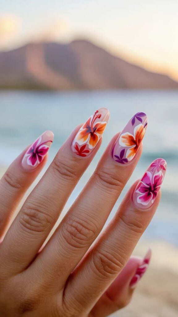 Vibrant floral nail art featuring hibiscus designs with a tropical beach backdrop. Perfect summer manicure inspiration.