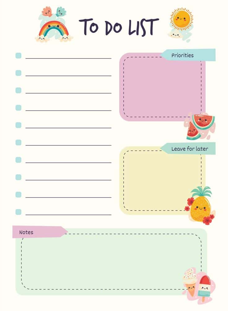 Cute illustrated to-do list with sections for priorities, later tasks, and notes, featuring happy fruits and playful designs.