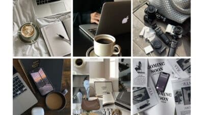 Collage of tech and lifestyle items: laptops, coffee cups, cameras, phone, notebooks, and fashion magazines. Cozy and creative workspace vibes.