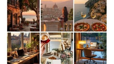 Collage of scenic European views, cozy workspaces, and sunset dining experiences in Italy. Perfect blend of travel and productivity vibes.