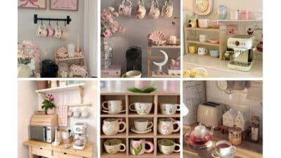 Charming pastel-themed kitchen with floral mugs, espresso machine, and decorative shelves. Cozy, vintage aesthetic.
