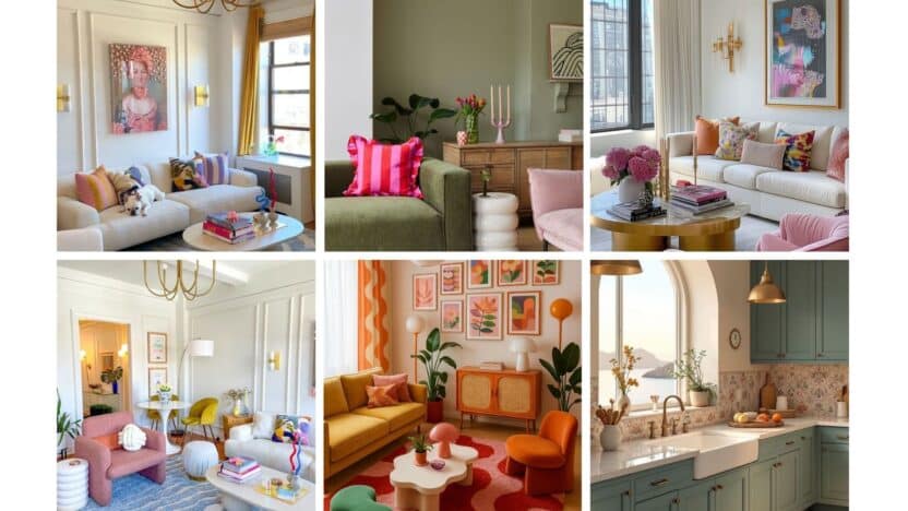 Collage of vibrant living rooms and a kitchen with eclectic decor, colorful furniture, and modern art accents for home inspiration.