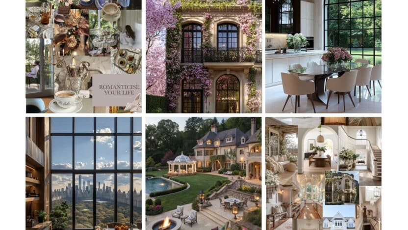 Collage showcasing luxurious interiors and elegant architecture with a cozy romantic touch.