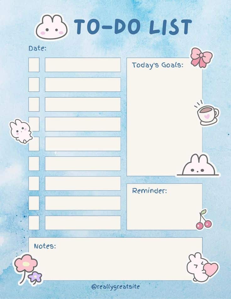Cute blue-themed to-do list with adorable bunny illustrations, perfect for organizing daily tasks, goals, and reminders.