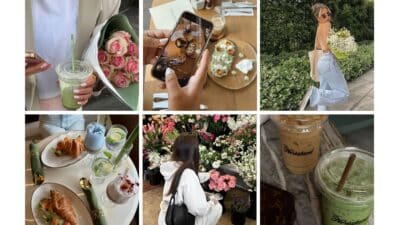 Assorted aesthetic scenes with coffee, flowers, and brunch, featuring vibrant bouquets and stylish café moments.