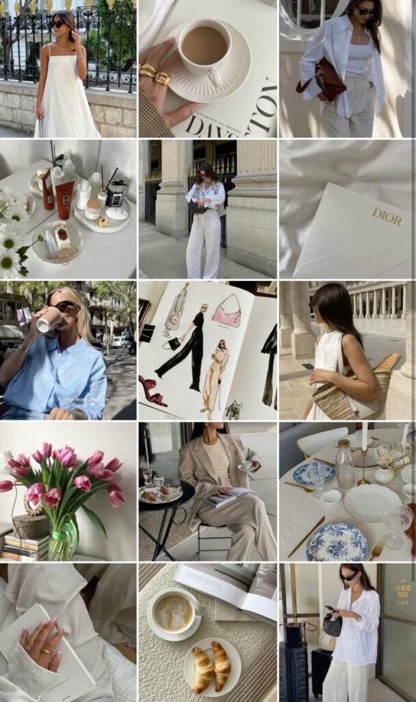 Collage of elegant fashion, coffee, and lifestyle moments featuring chic outfits, stylish table settings, and tulip decor.