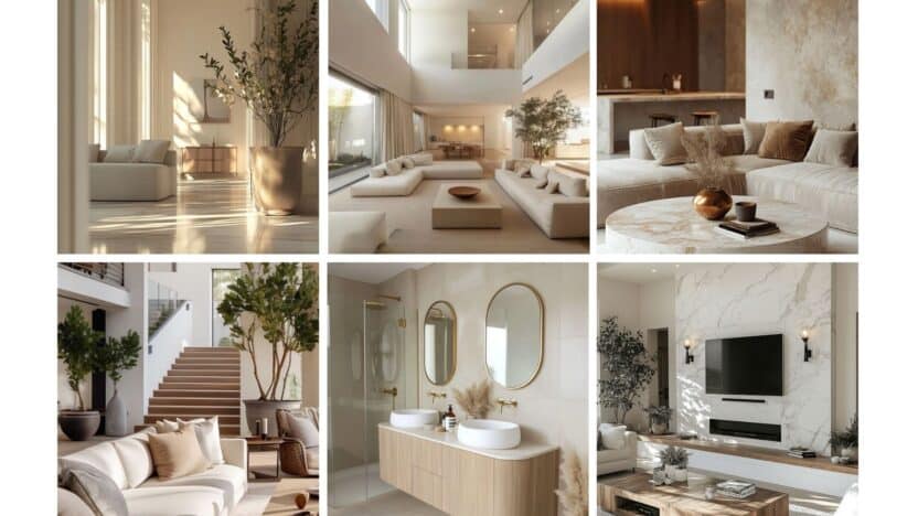 Elegant modern living spaces featuring cozy sofas, stylish decor, a bathroom with golden accents, and a bright marble wall TV area.