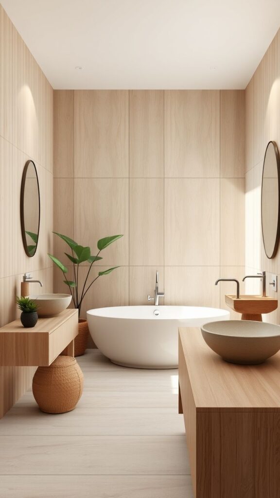 Minimalist bathroom with a freestanding tub, wooden elements, round mirrors, and lush plant for a serene spa-like atmosphere.