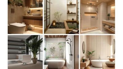 Collage of modern, minimalist bathrooms featuring elegant bathtubs, showers, wood accents, and stylish decor elements.