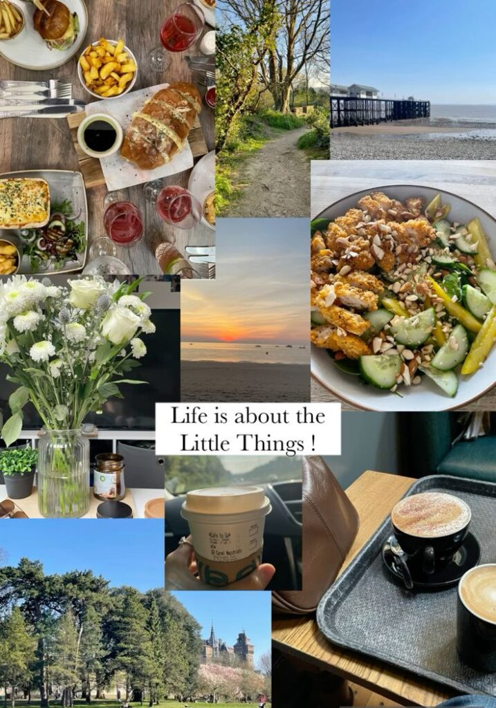Collage of everyday moments: food, nature, coffee, and a sunset with the text “Life is about the Little Things.”