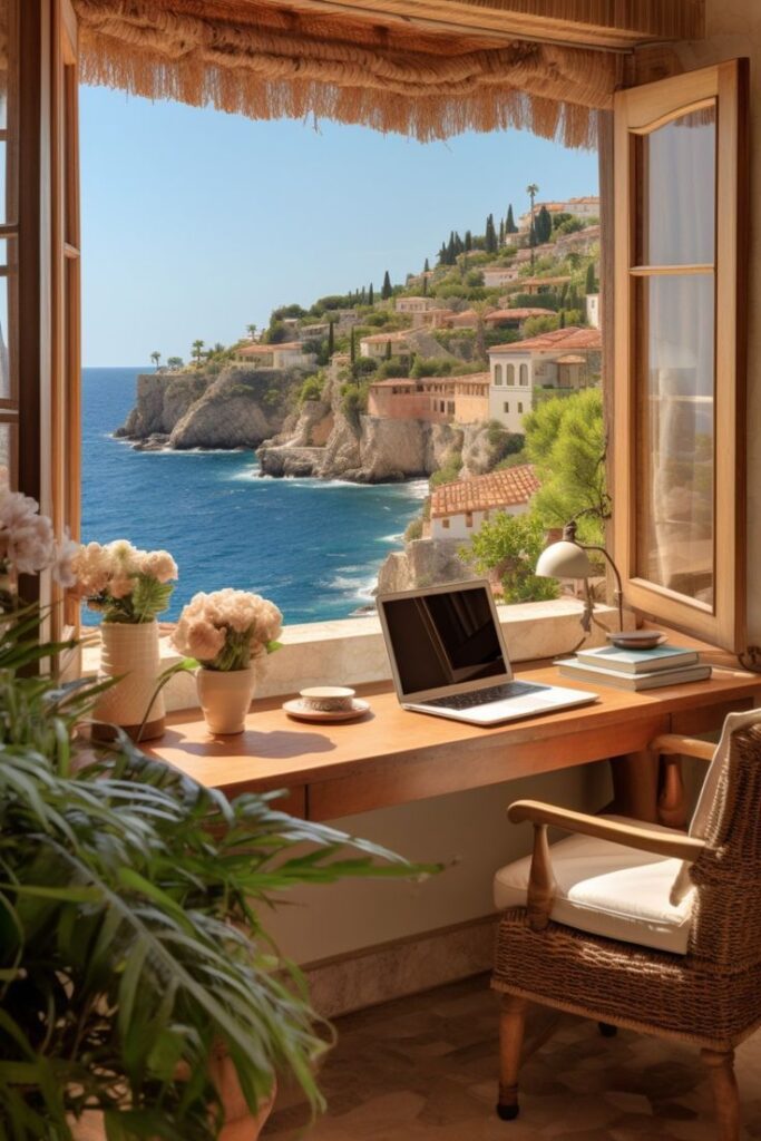 Laptop on a wooden desk with a stunning coastal view, open window, and decorative plants, creating a serene workspace vibe.