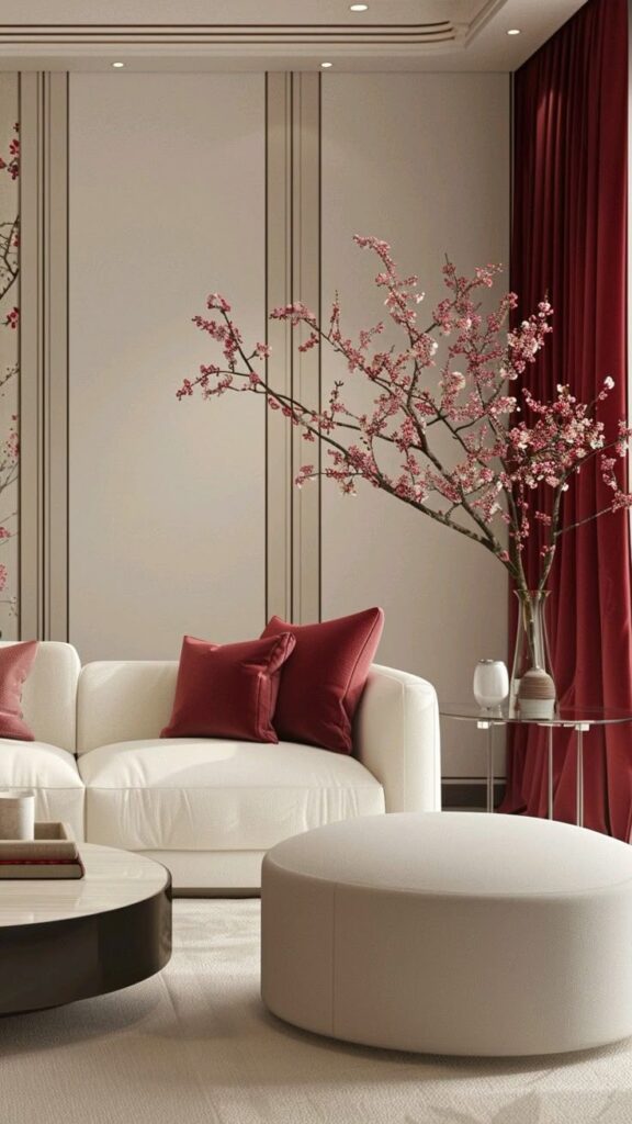 Elegant living room with white sofa, red cushions, matching curtains, and cherry blossom decor. Modern, sophisticated interior design.