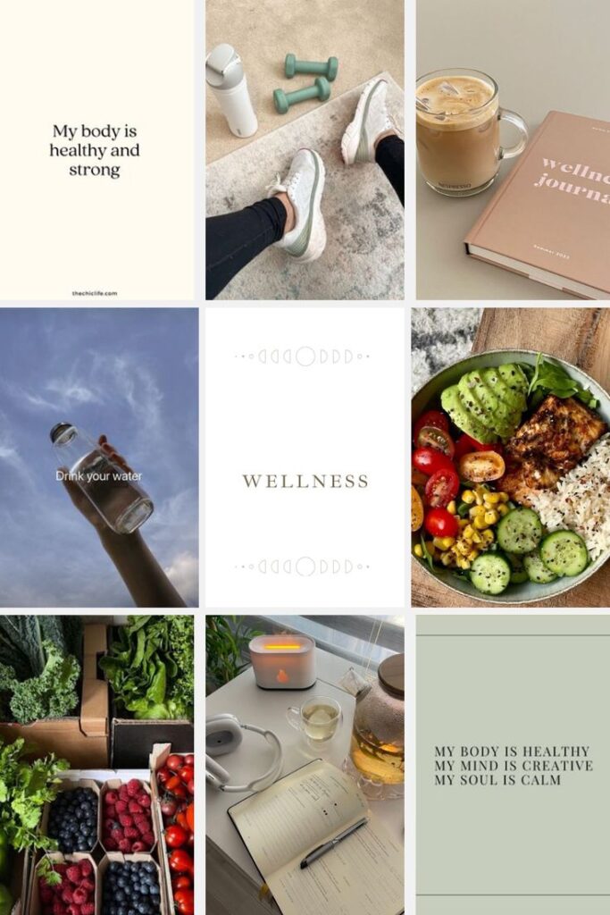 Collage of wellness images: exercise gear, healthy food, journal, water reminder, and affirmations promoting a strong body and mind.