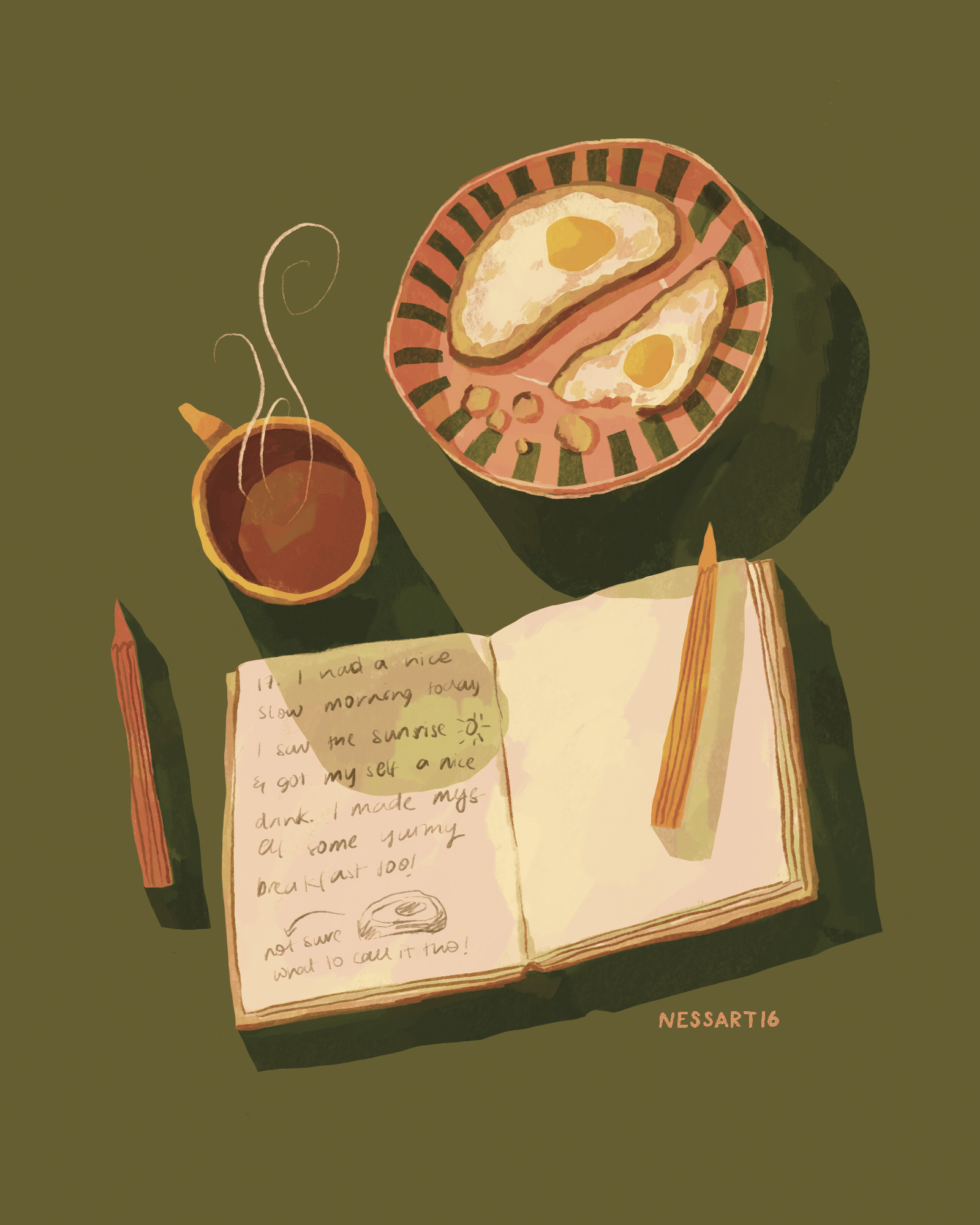 Breakfast scene with fried eggs, coffee, and an open diary with a pencil on a green background.