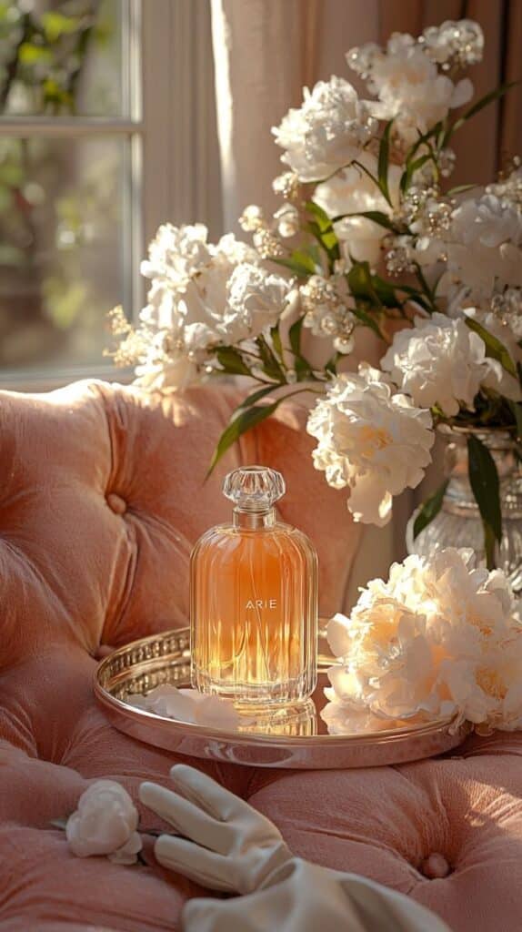 Elegant perfume bottle on a pink velvet chair with blooming white flowers, capturing a luxurious and vintage vibe in soft light.