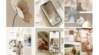 Collage of neutral tones: flowers, fashion, and design elements convey elegance and minimalism in lifestyle branding.