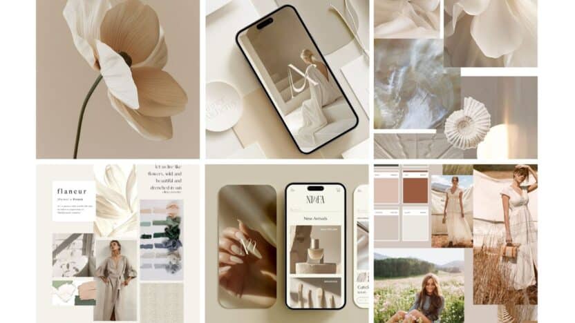 Collage of neutral tones: flowers, fashion, and design elements convey elegance and minimalism in lifestyle branding.
