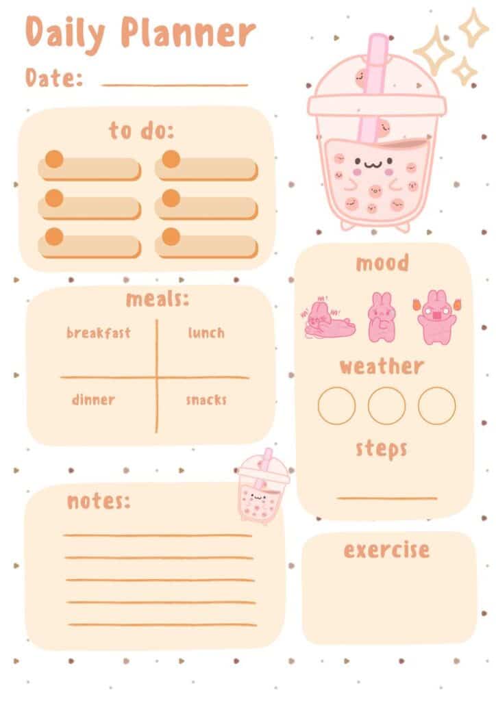 Cute daily planner template with bubble tea design, featuring sections for to-do list, meals, mood, weather, steps, and exercise notes.
