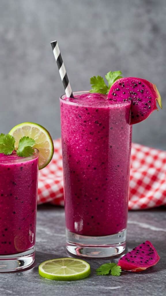 Refreshing Dragon Fruit Smoothie Vibrant Nutritious - Handy Home Bright pink dragon fruit smoothie garnished with lime and cilantro, served in a glass with a striped straw on a gray background.